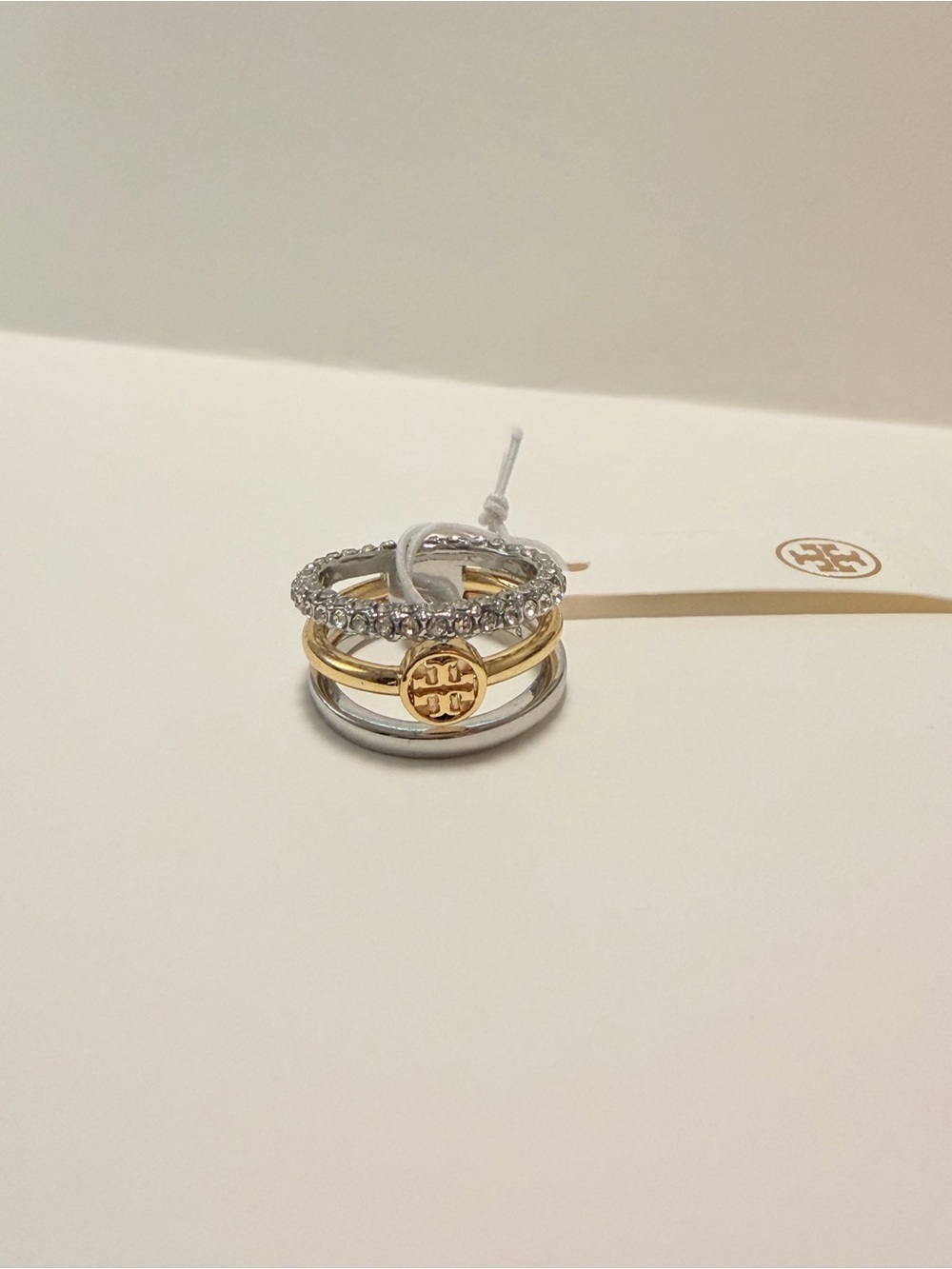 Tory Burch Icon Pave Stacking Ring Gold, Silver, Rhinestone size 8 - Picture 2 of 4